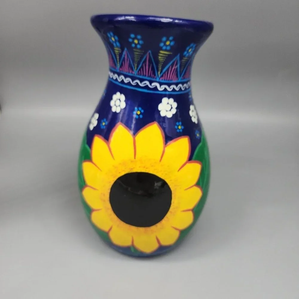 Hand-Painted Sunflower Ceramic Vase - Blue and Yellow